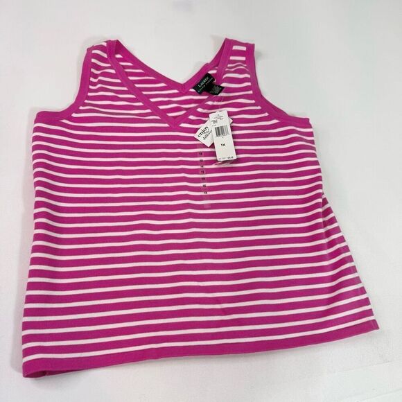 Lauren Ralph Lauren Shirt Womens 1X Pink Tank Top V Neck Striped Nautical New - Picture 1 of 7